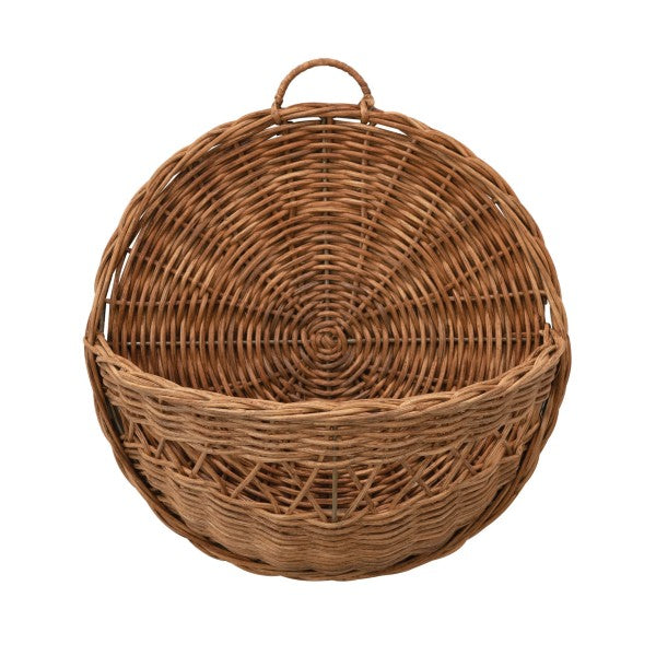 hand woven rattan wall basket on a white background