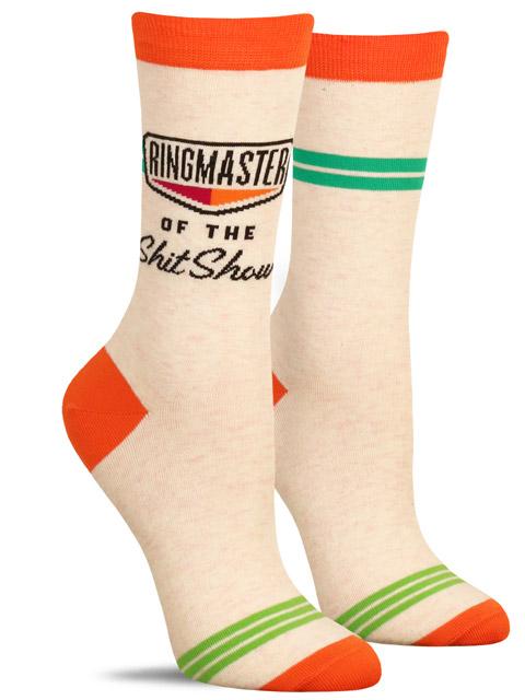 side view of Ringmaster of the Shitshow Woman's Crew Socks displayed against a white background