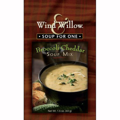 Packet of soup mix with picture of bowl of soup on packaging.
