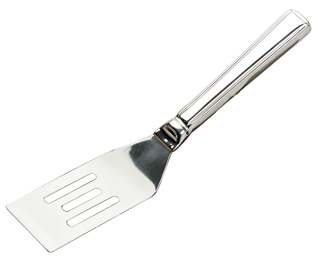 stainless steel spatula on white background.