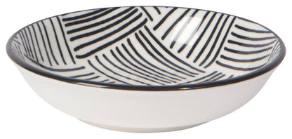 off-white bowl with black lines.