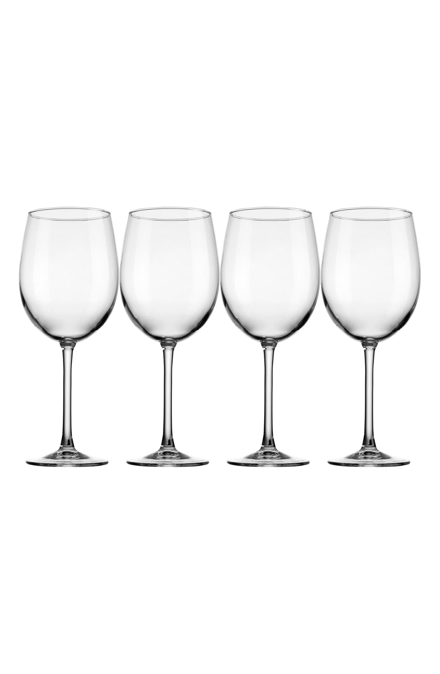 4 empty wine glasses in a row on a white background.