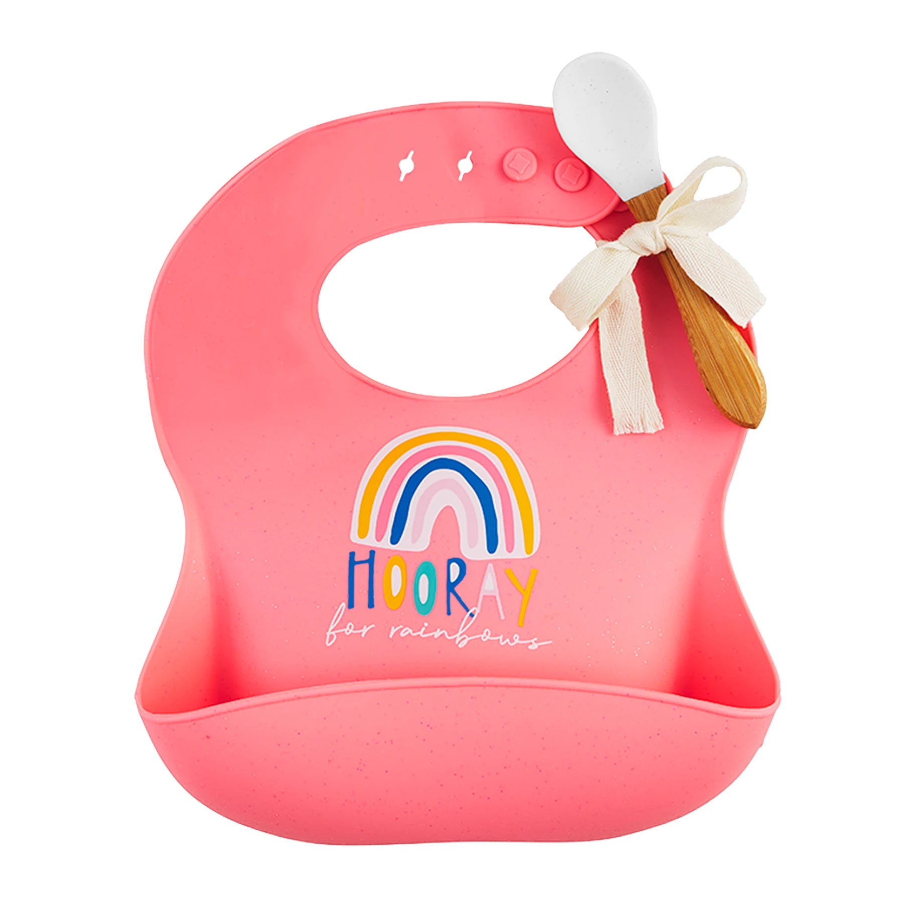 pink silicone bib with pocket on the front, a rainbow graphic, "hooray for rainbows", and wooden spoon with silicone head tied to it.