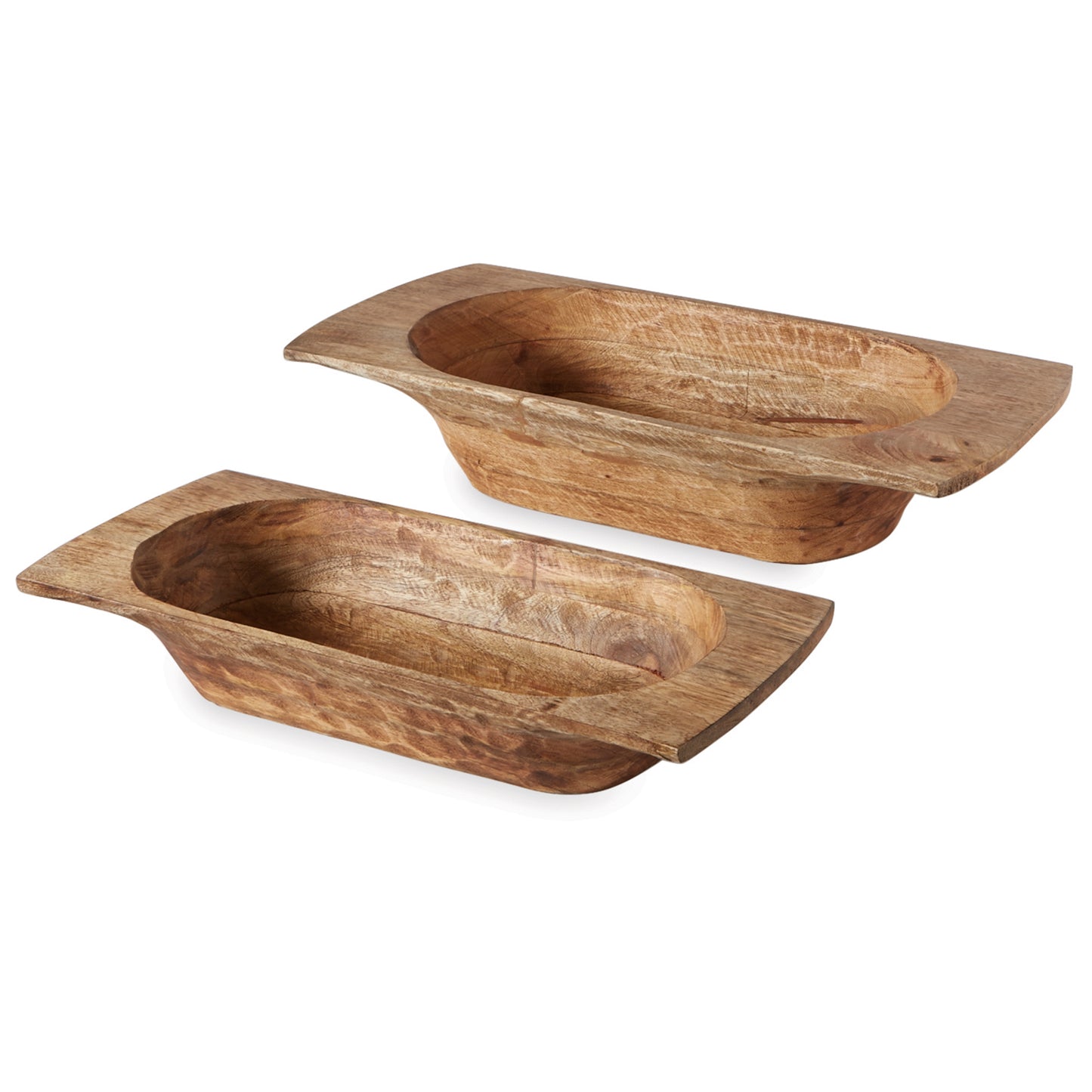 small and large mango wood dough bowl on a white background
