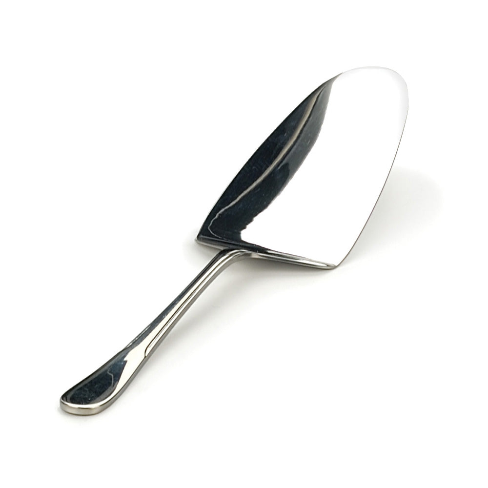stainless steel serving utensil on white background.