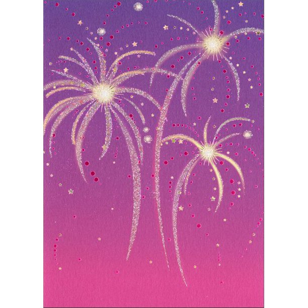 front of card is a drawing of fire crackers on a pink and purple sky