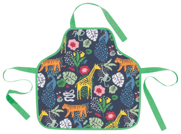 kid apron with blue background,  jungle animals and jungle foliage printed on it.