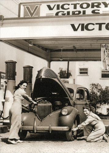 front of card is a photograph of two women working on a car in the 1950s