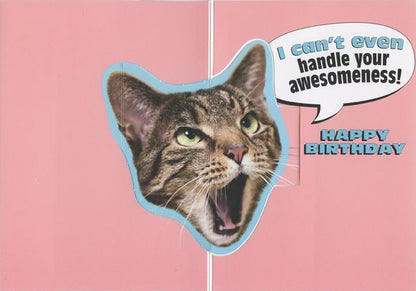 inside of card is a large cat head with inside text in a text bubble