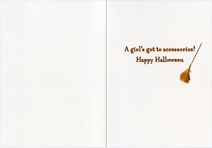 inside view of card is white with text listed in the description and a broomstick