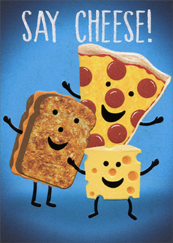 front of card is a drawing of cheeses with faces and the front text in white with blue background