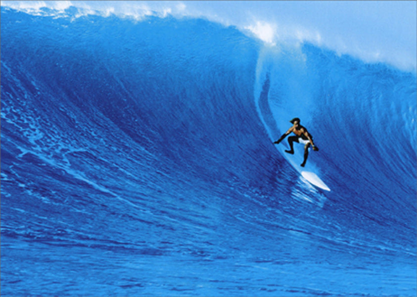 front of card is photograph of a surfer riding a huge wave 