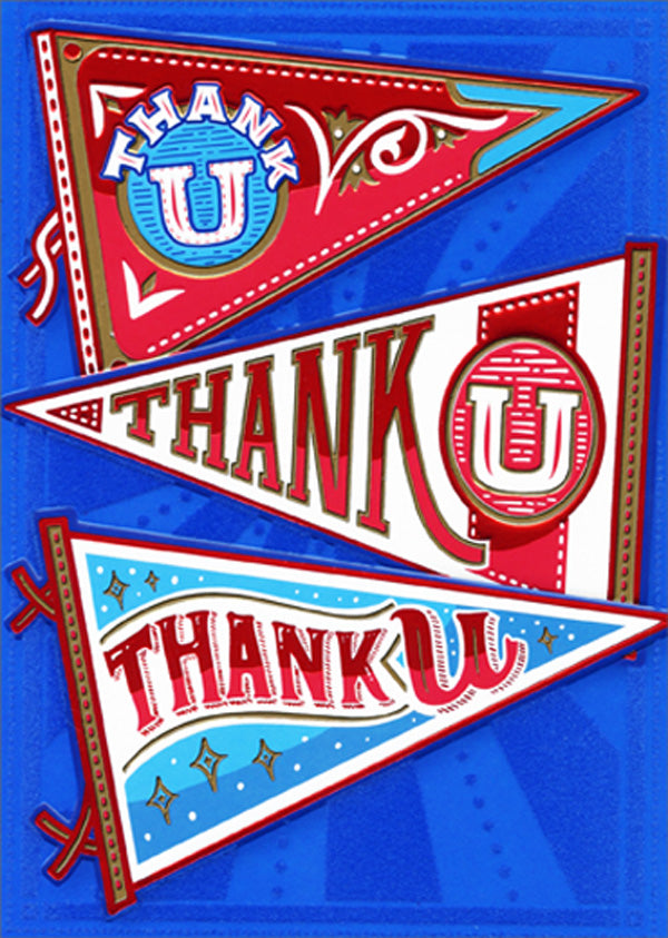 front of card is a drawing of pennants that say thank you 