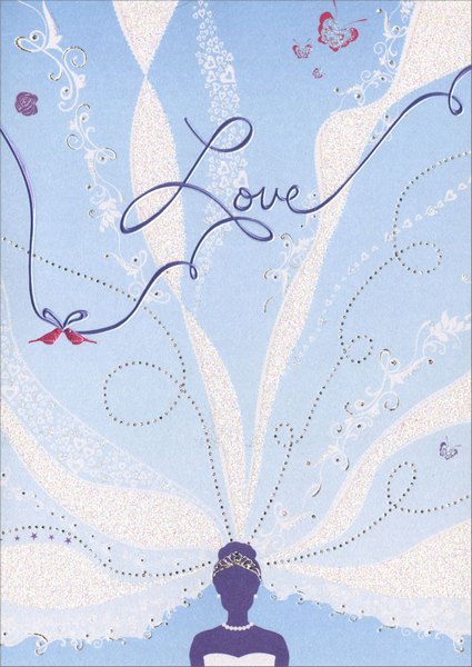front of card is a drawing of a bride the word love above her in the air with her vail flying in the sky