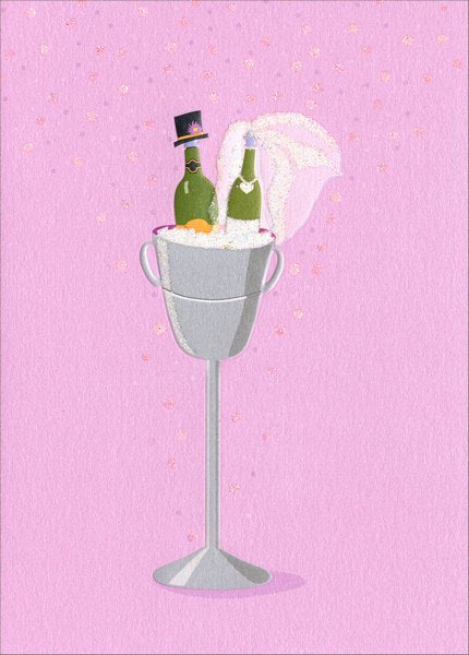 front cover of card is pink with a wine bucket filled with a mr and mrs wine bottle