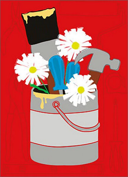 front of card is a drawing of a tool bucket filled with tools and flowers on a red background