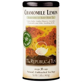 chamomile lemon herbal tea canister on a white background