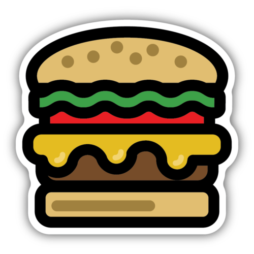 sticker on white background. sticker has graphic of cheeseburger with sesame bun, lettuce and tomato.