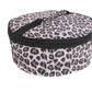 round food carrier with leopard print pattern on white background.