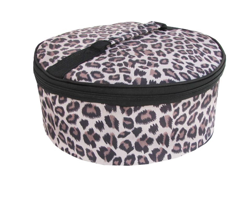 round food carrier with leopard print pattern on white background.