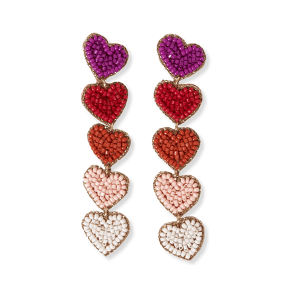 earrings each with 5 beaded hearts hanging from each other in various shades of pinks.