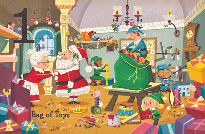 open book showing page filled with graphics of santa's workshop.