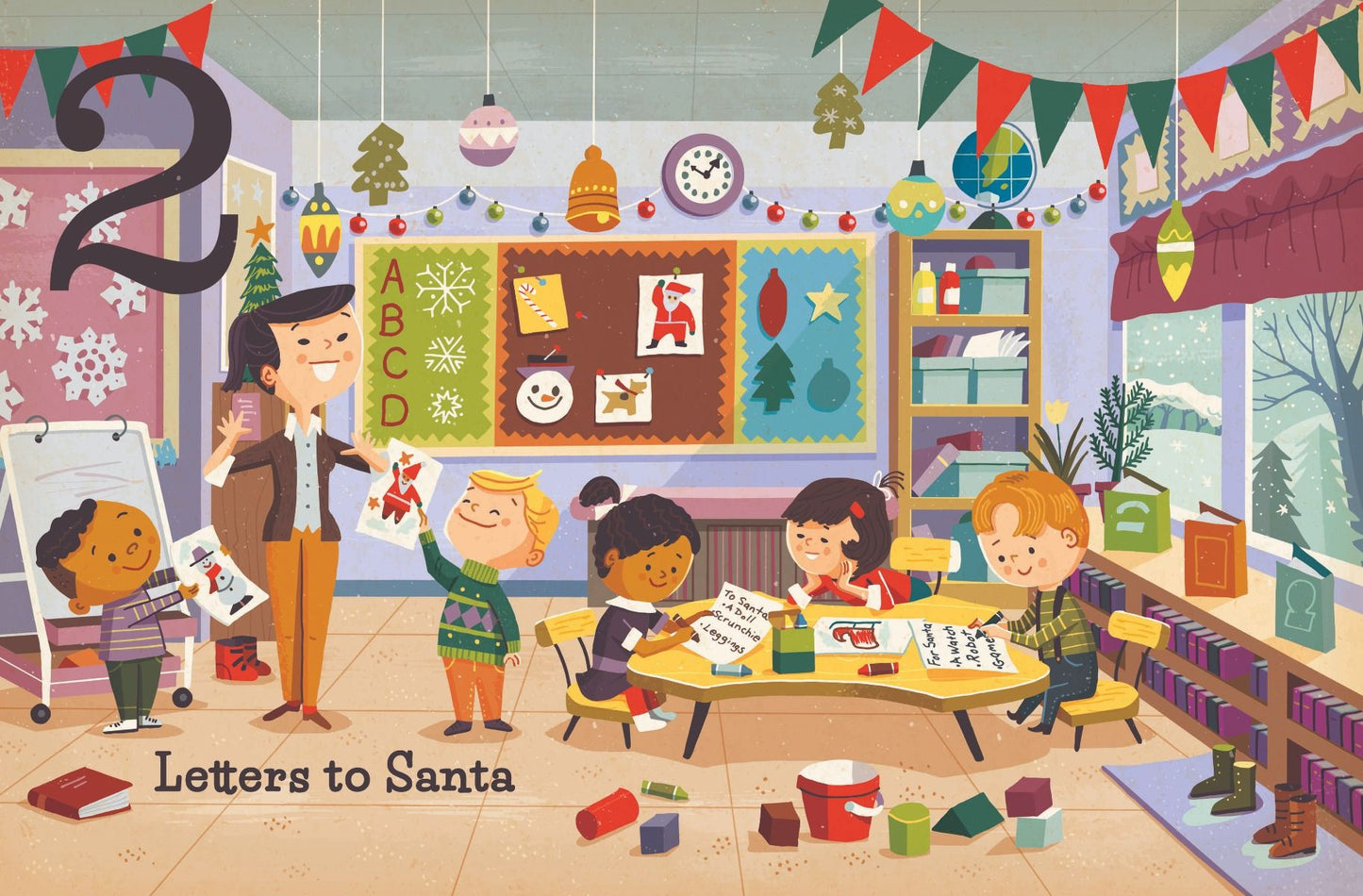 open book showing graphics of a classroom decorated for christmas and students ans teacher.