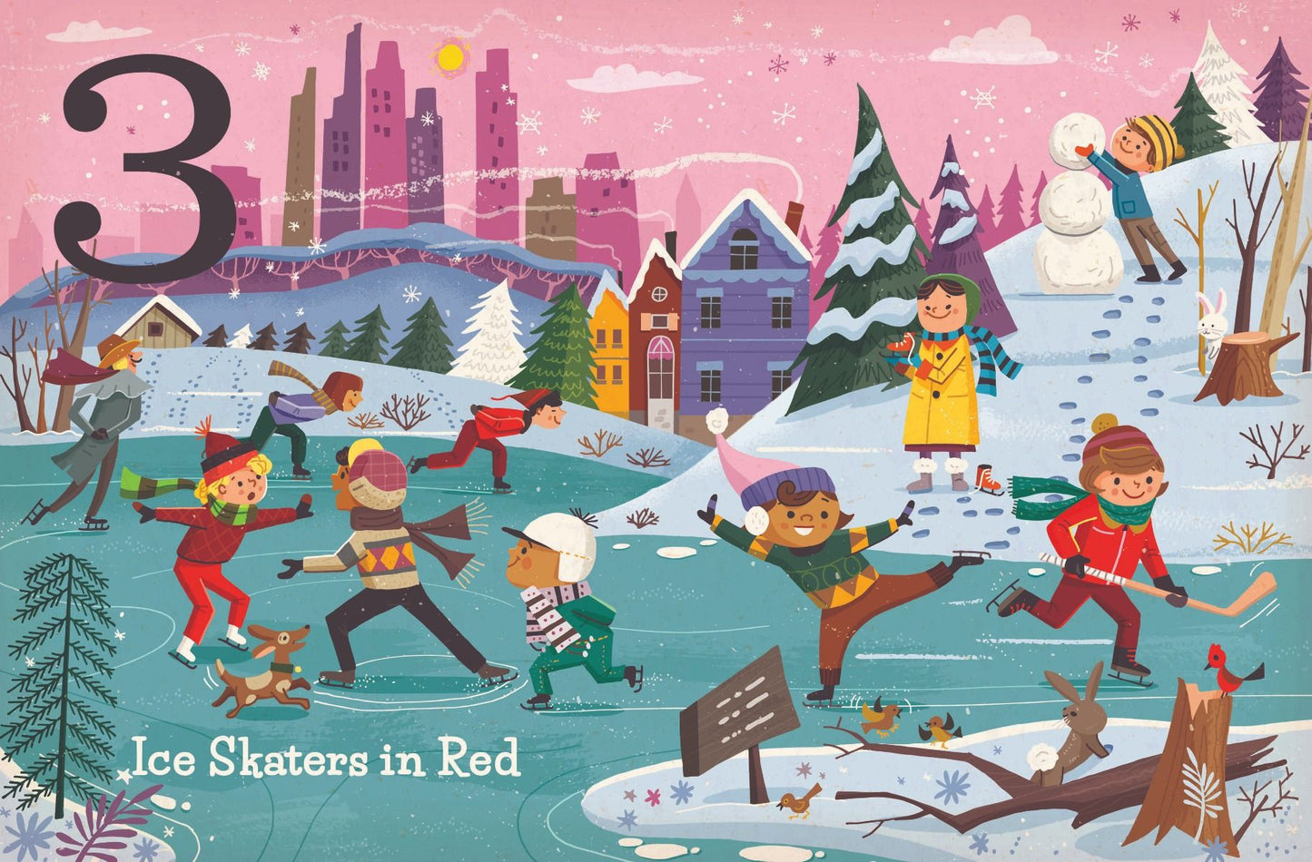 open book showing graphics of people ice skating in a village.