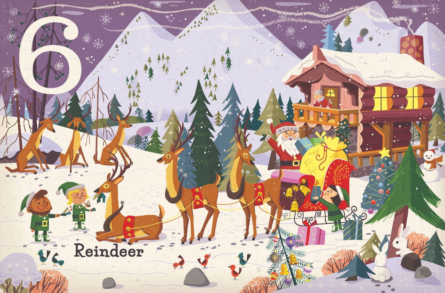 open book showing graphics of santa in his sleigh and reindeer outside a house in the mountains.