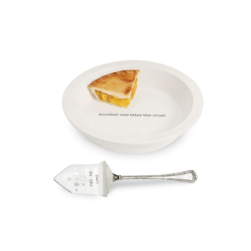 pie plate with slice of pie inside next to the server on a white background