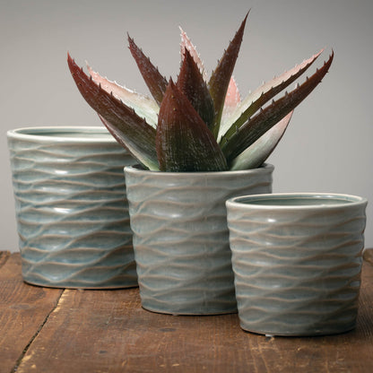 3 sizes of planters on a wooden table, medium pot has aloe in it.