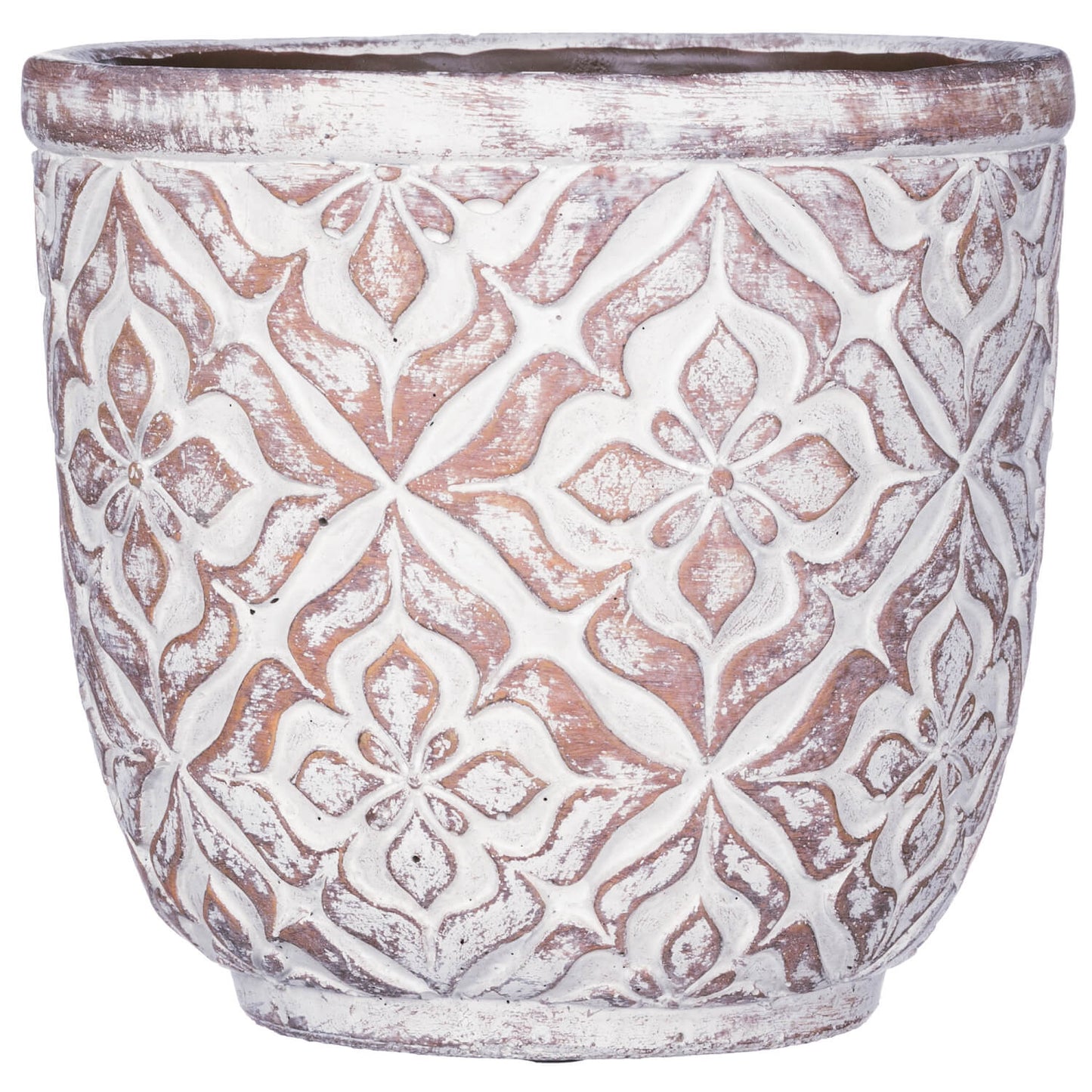 round pot with white-wash finish highlighting the geometric floral pattern.