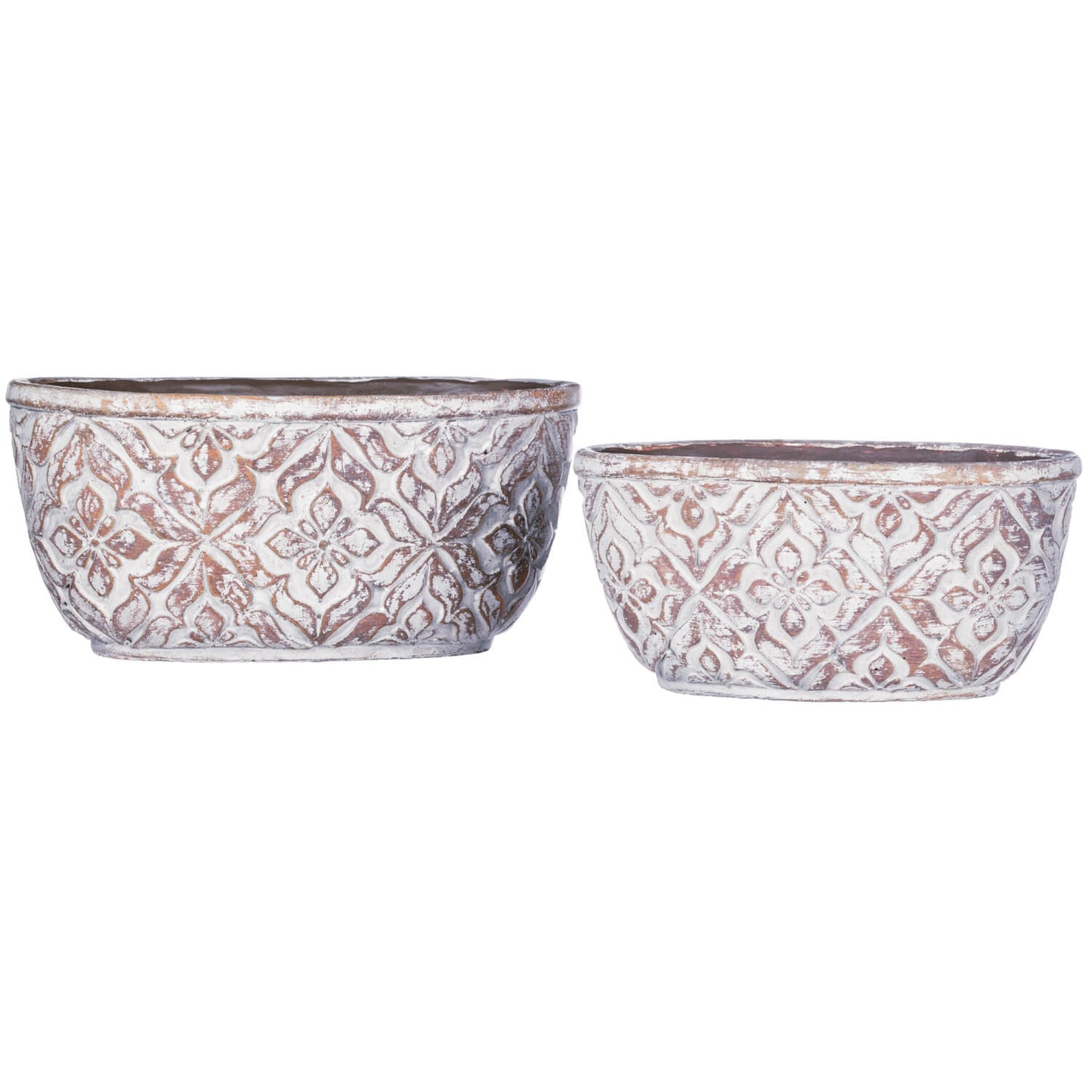 small and large oval planter with flourish designs and white-washed finish.