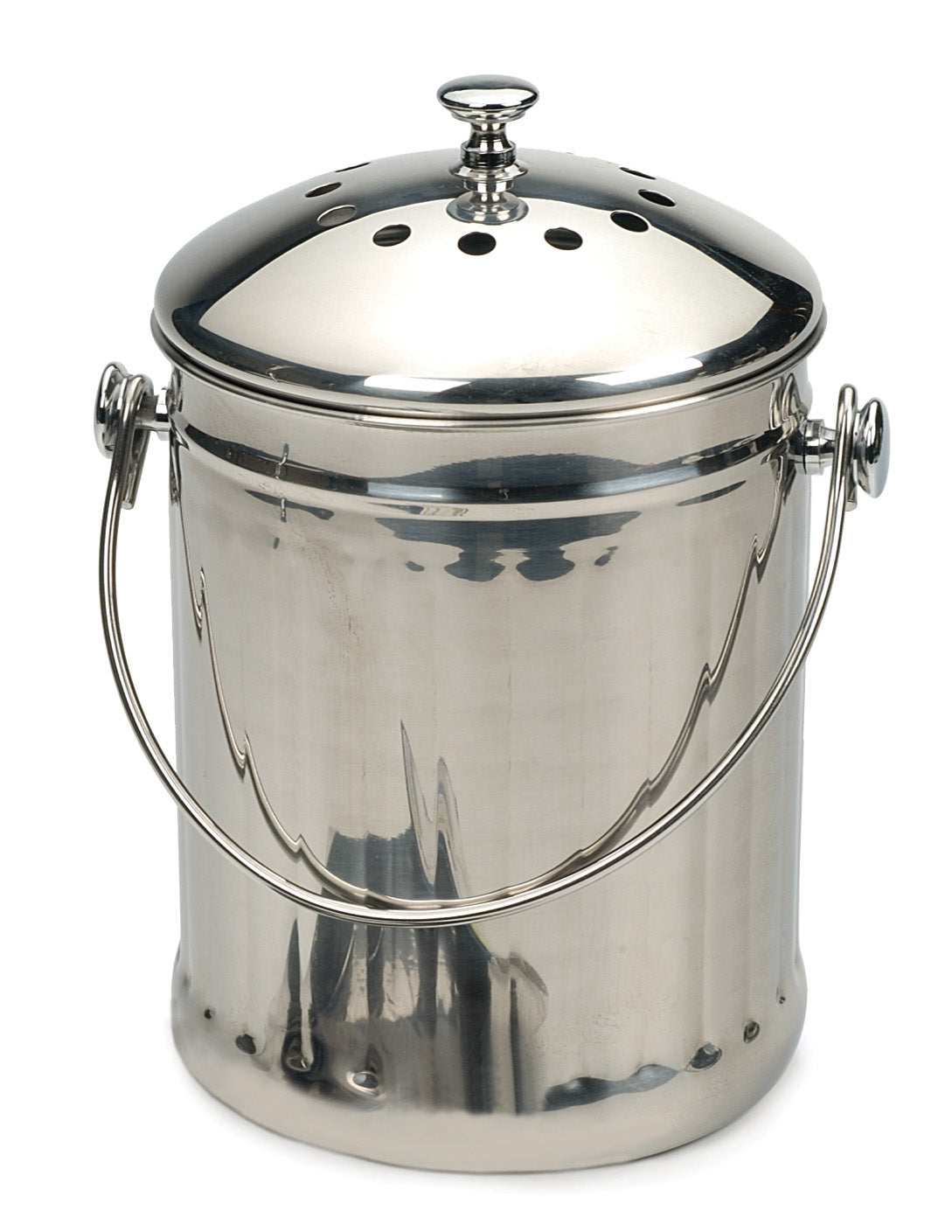 stainless steel compost pail with handle and lid on white background.