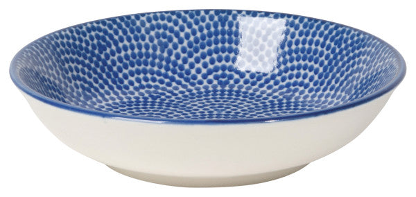 white bowl with blue dotted interior.