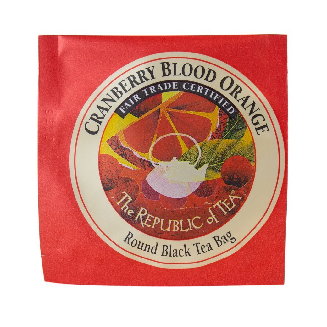 individual packet of cranberry blood orange black tea on a white background