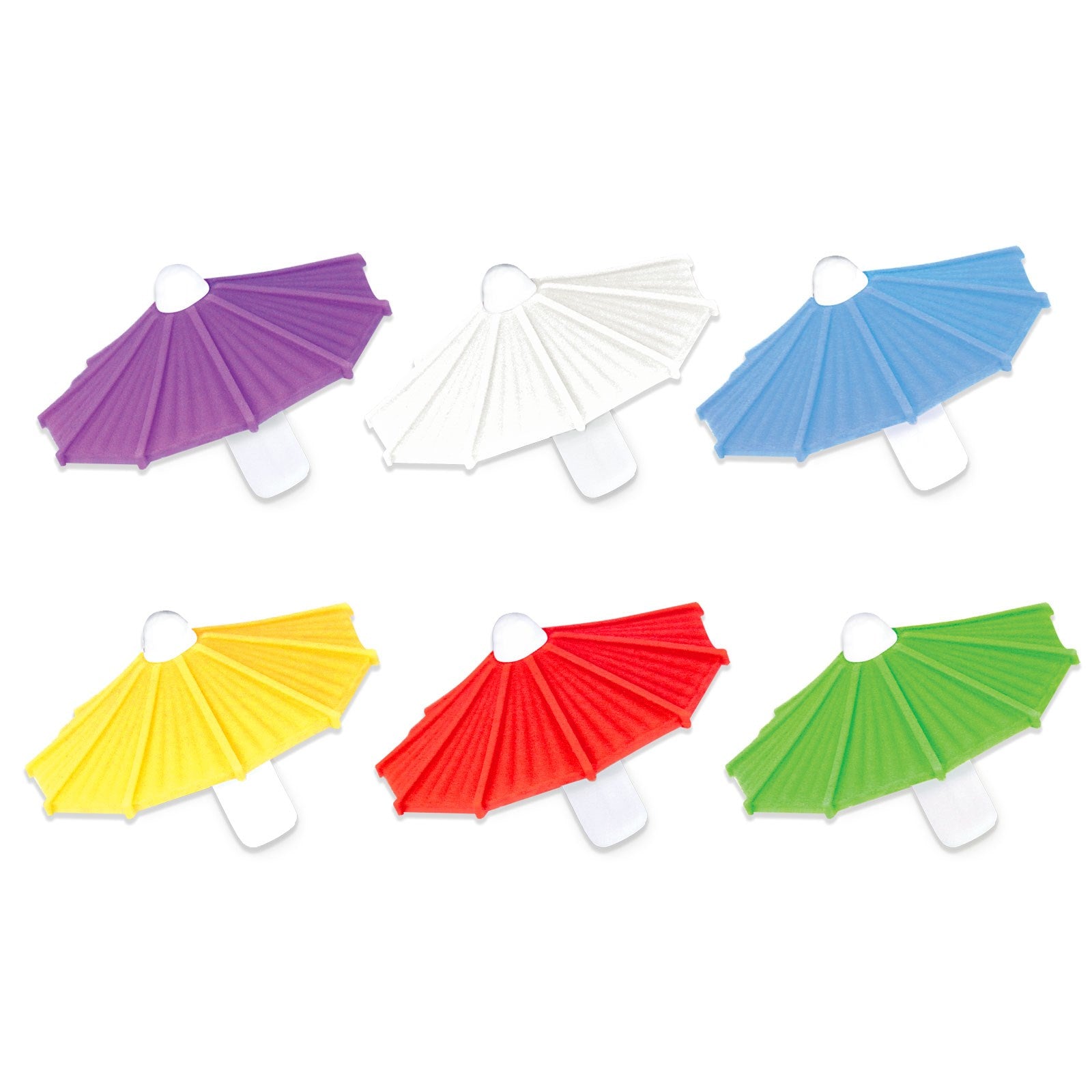 six different colored silicone umbrella drink markers on a white background