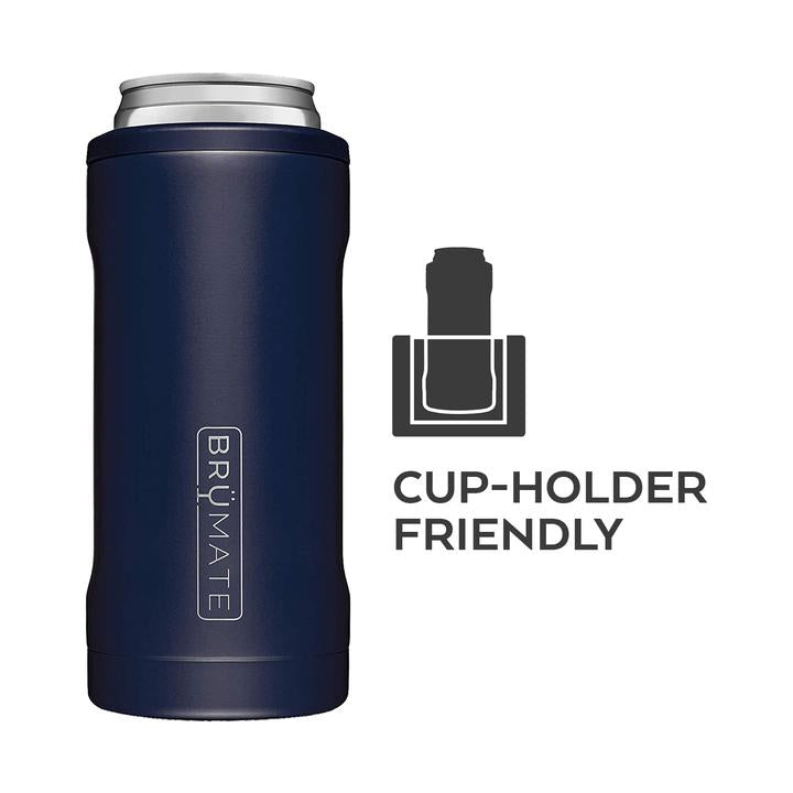 hopsulator slim can cooler illustrating that it is cup-holder friendly on a white background