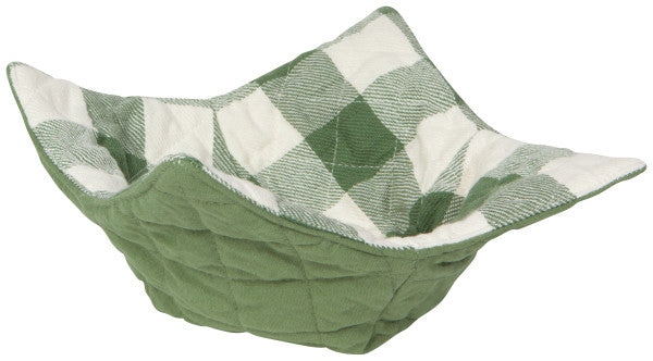 side view of the green and white checked elm green bowl cozy on a white background
