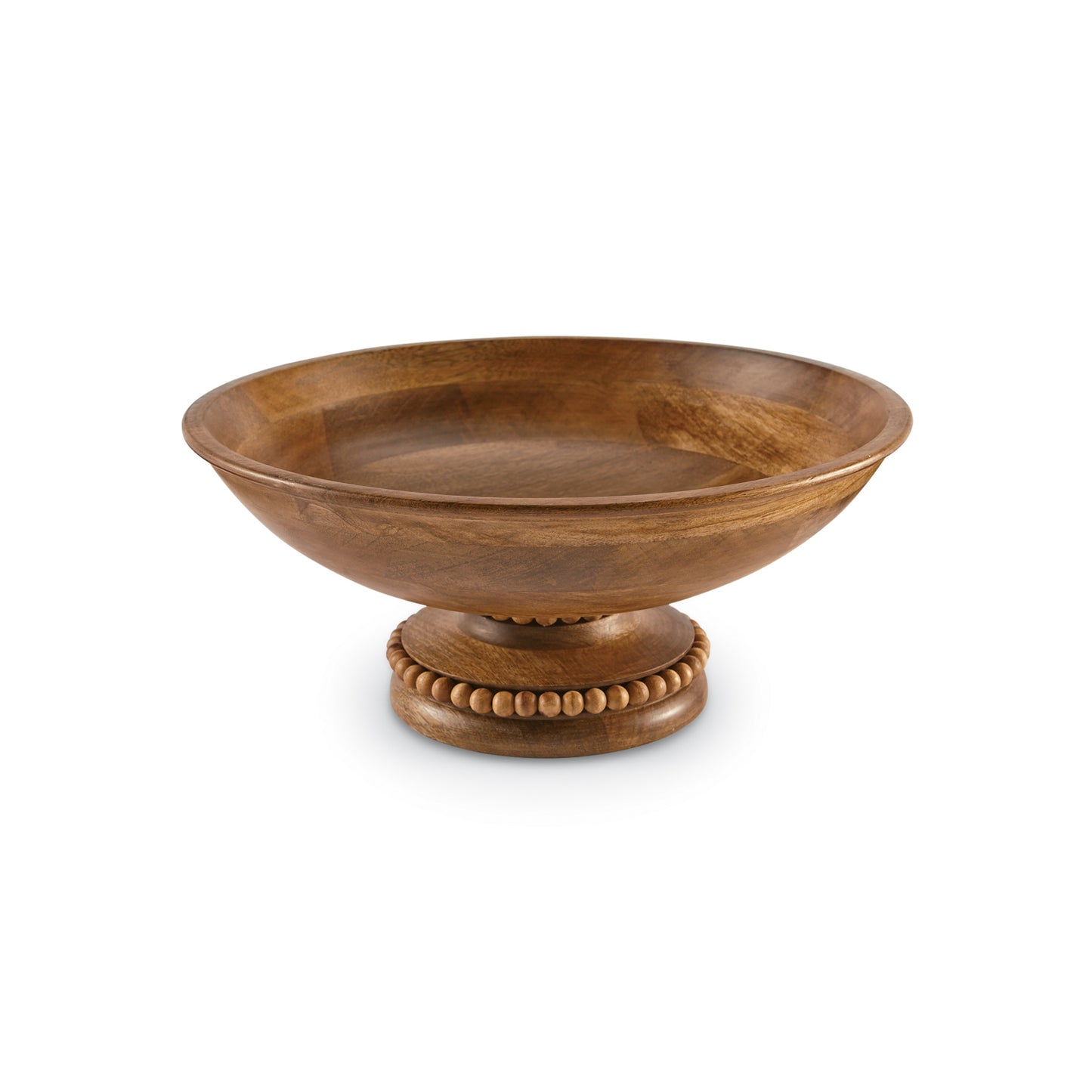 wooden bowl on a pedestal the has a bead rim.