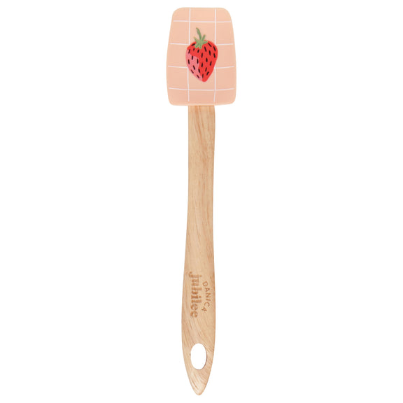 small pink spoonula with white check pattern and a strawberry graphic on it.
