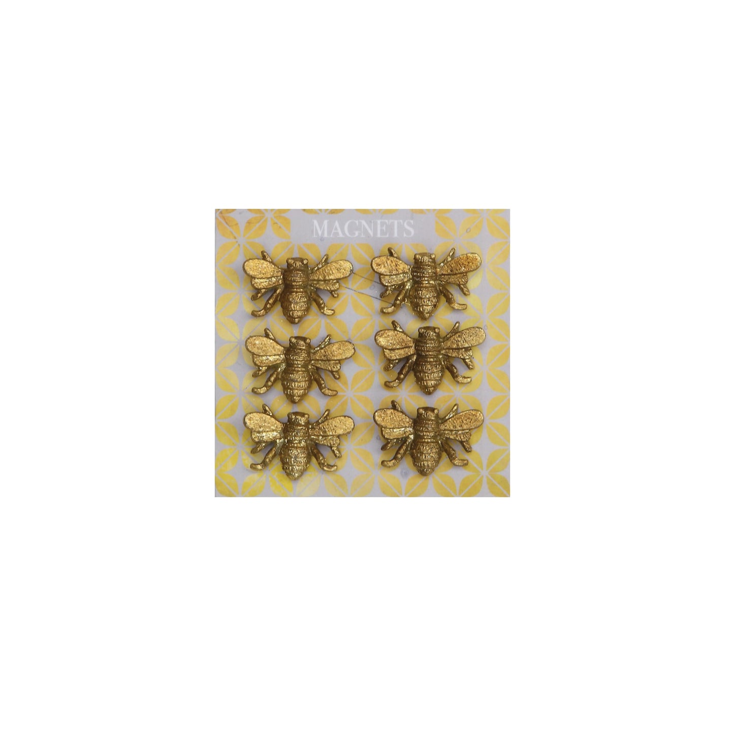 six pewter bee magnets displayed on decorative card stock on a white background