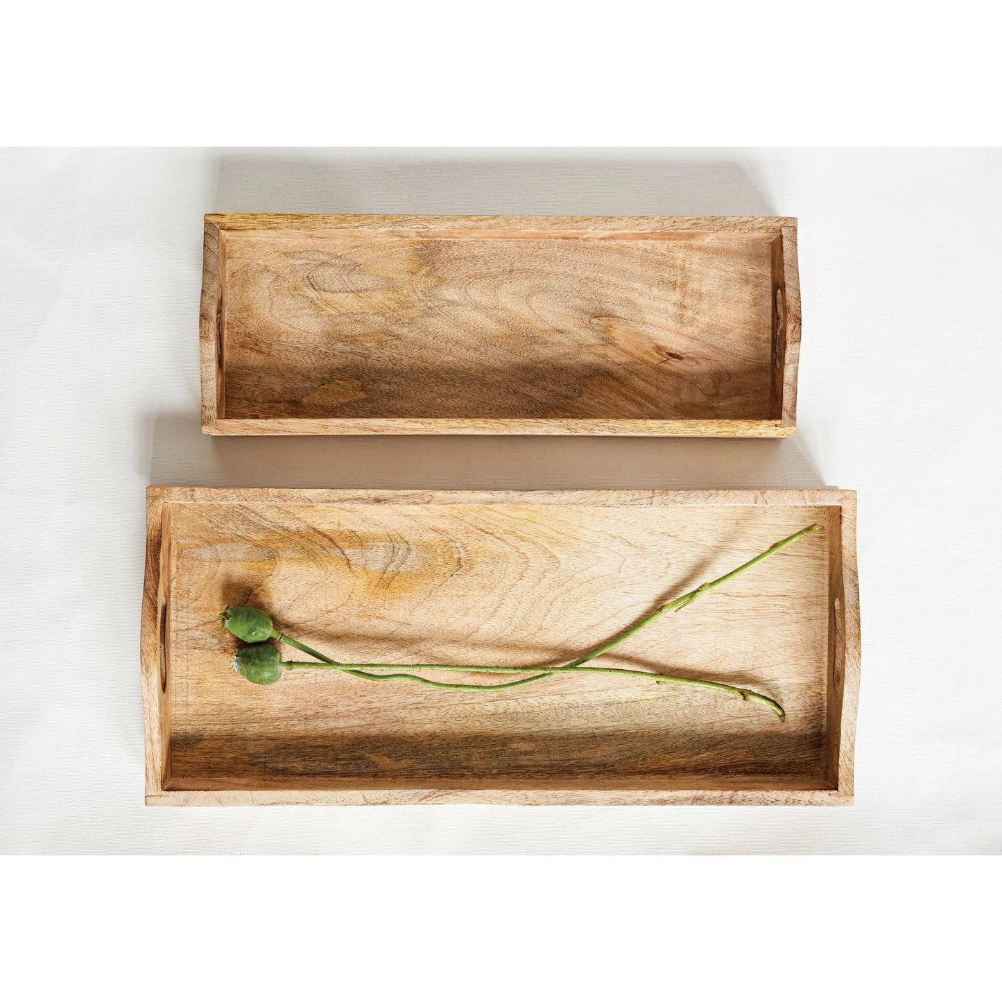 top view of the small and large mango wood trays one having green stems on a white background