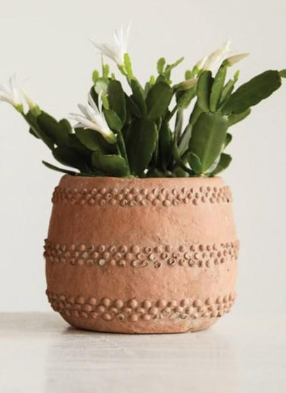 terracottoa colored pot with rings of dots around it and a flowering succulent in it.