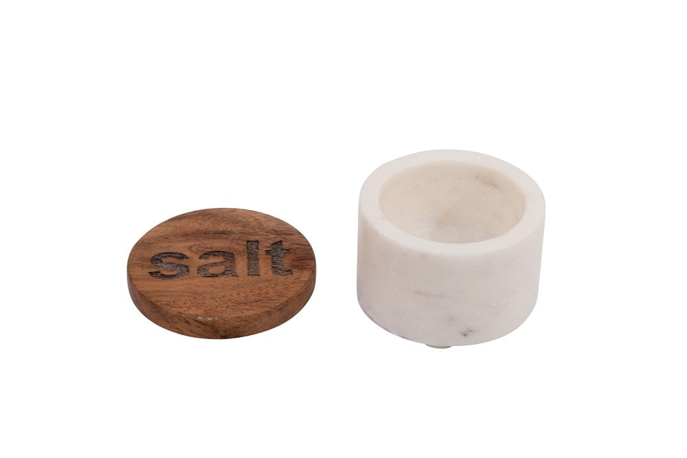 marble salt pot with wood lid beside it on a white background