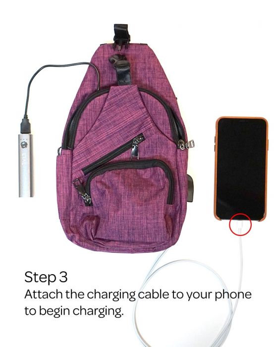 anti-theft daypack illustrating to attach a cell phone to the charging cable that is plugged into the daypack on a white background