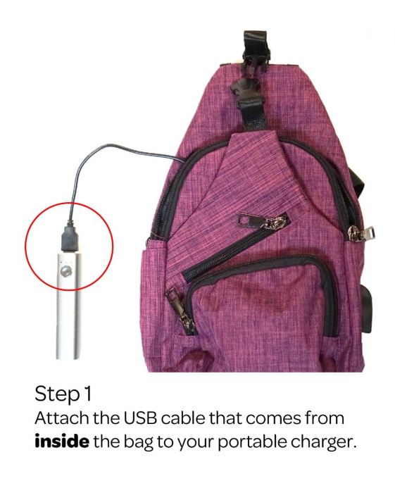 plum anti-theft daypack illustrating a portable charger inside the bag on a white background