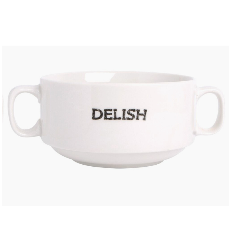 white double handled soup mug with text "delish" in black lettering
