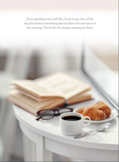 inside page has a photo of morning coffee and quote