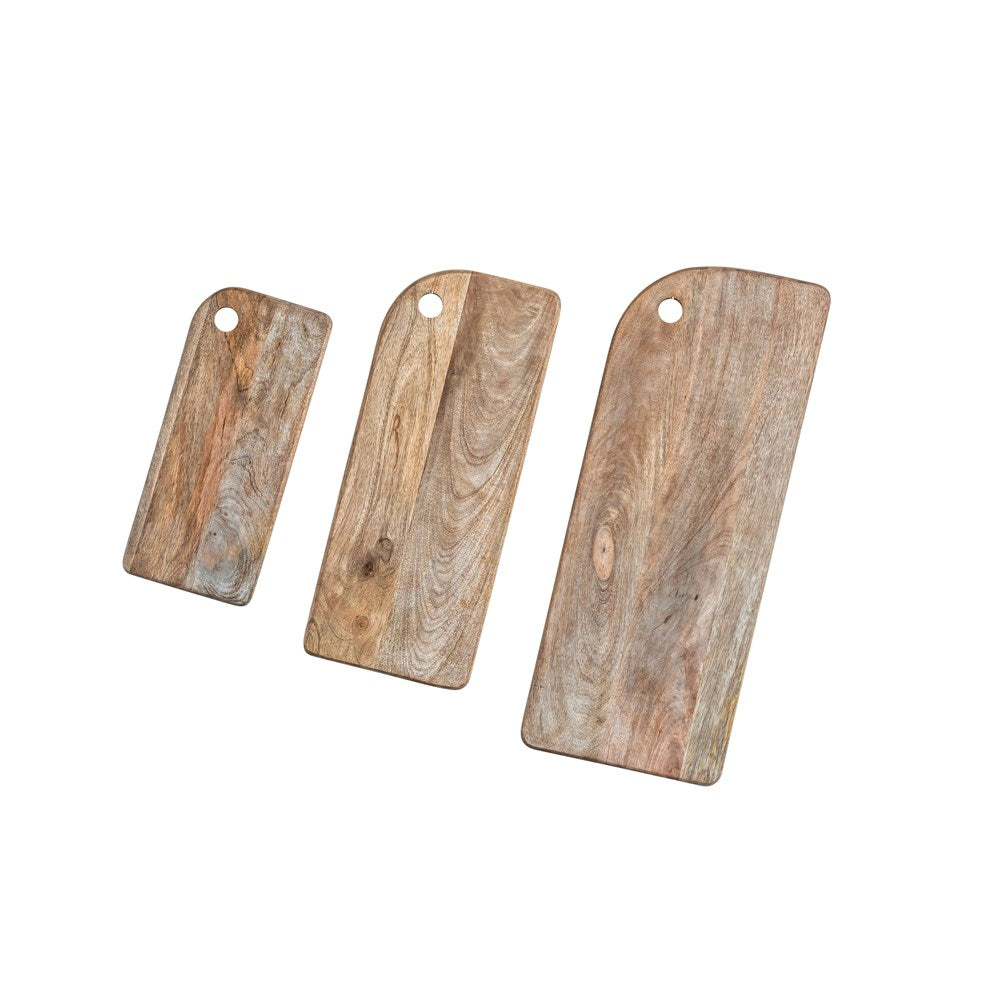 all three sizes of the mango wood cutting boards on a white background
